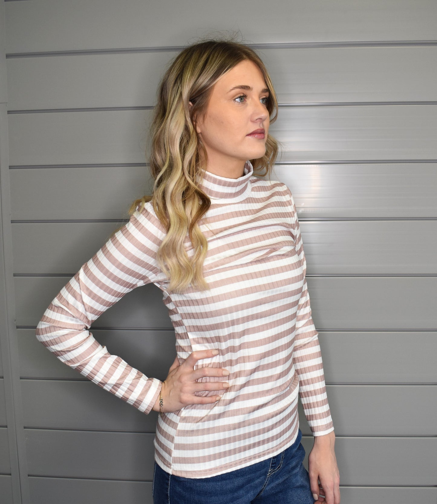 Striped Print Textured Knit Long Sleeve Tee