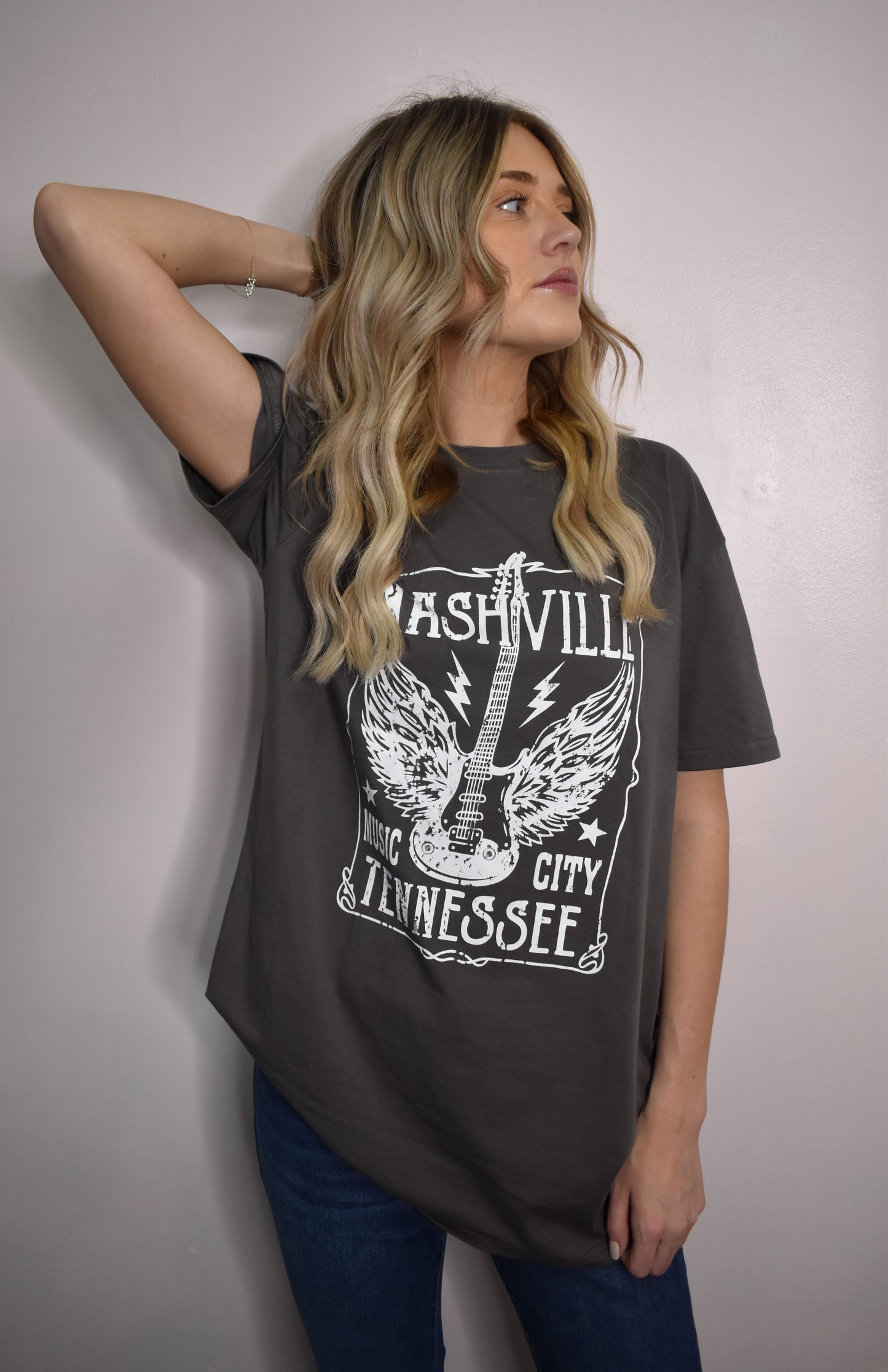 Gray Guitar Slogan Letter Graphic Print Oversized T Shirt - Grey