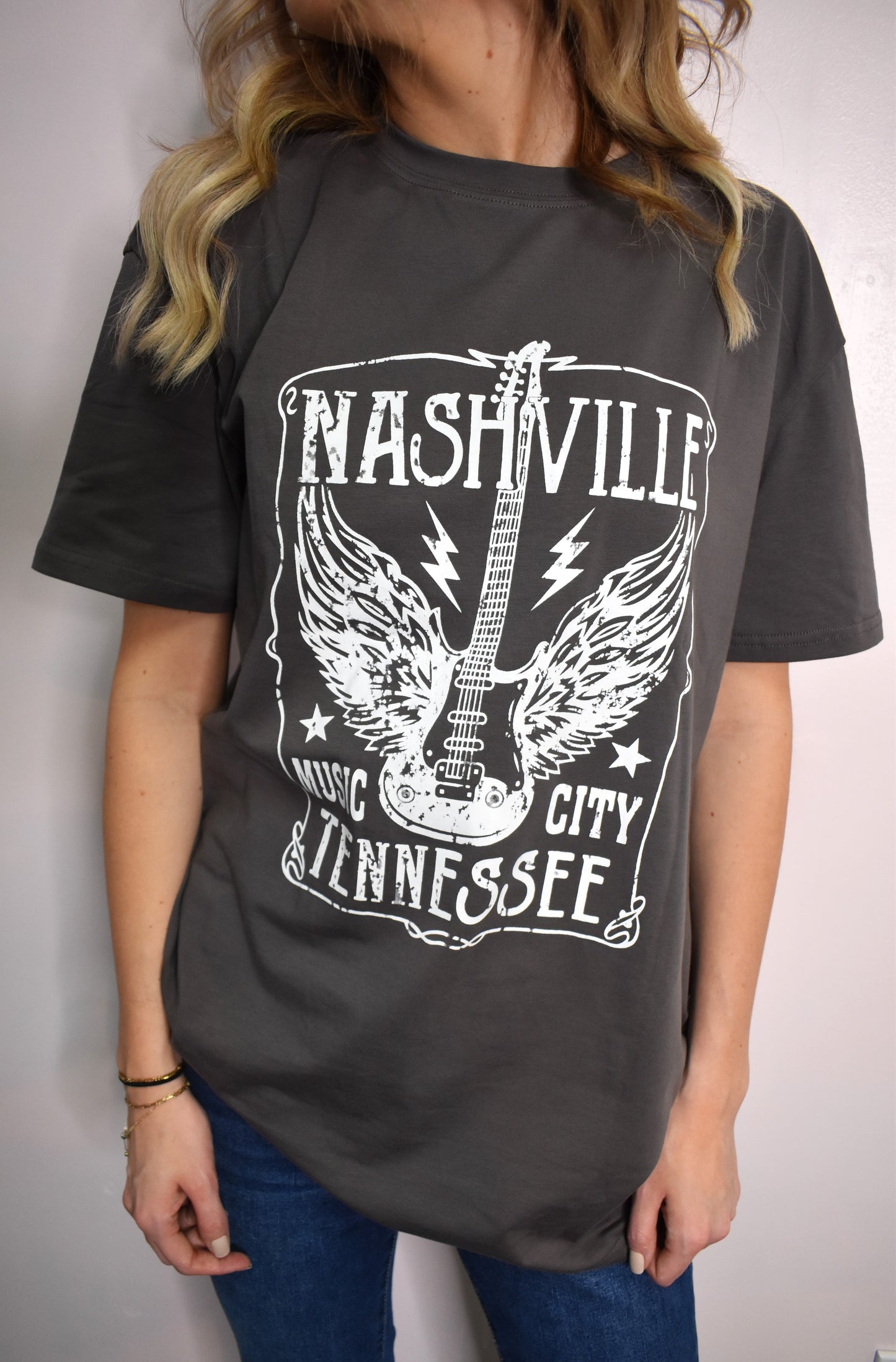Gray Guitar Slogan Letter Graphic Print Oversized T Shirt - Grey