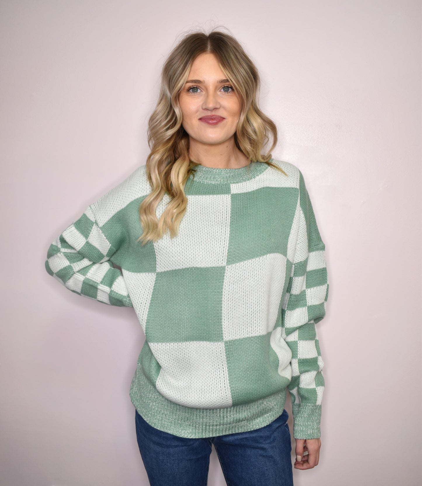 Checkered Print Drop Shoulder Sweater-Green