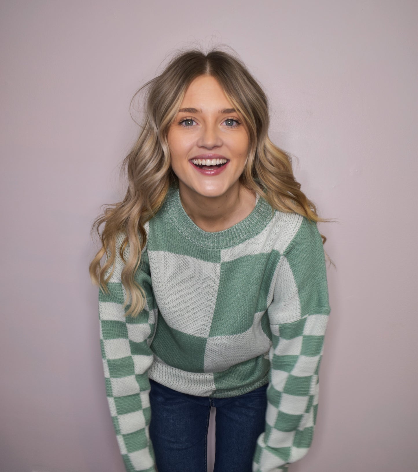 Checkered Print Drop Shoulder Sweater-Green