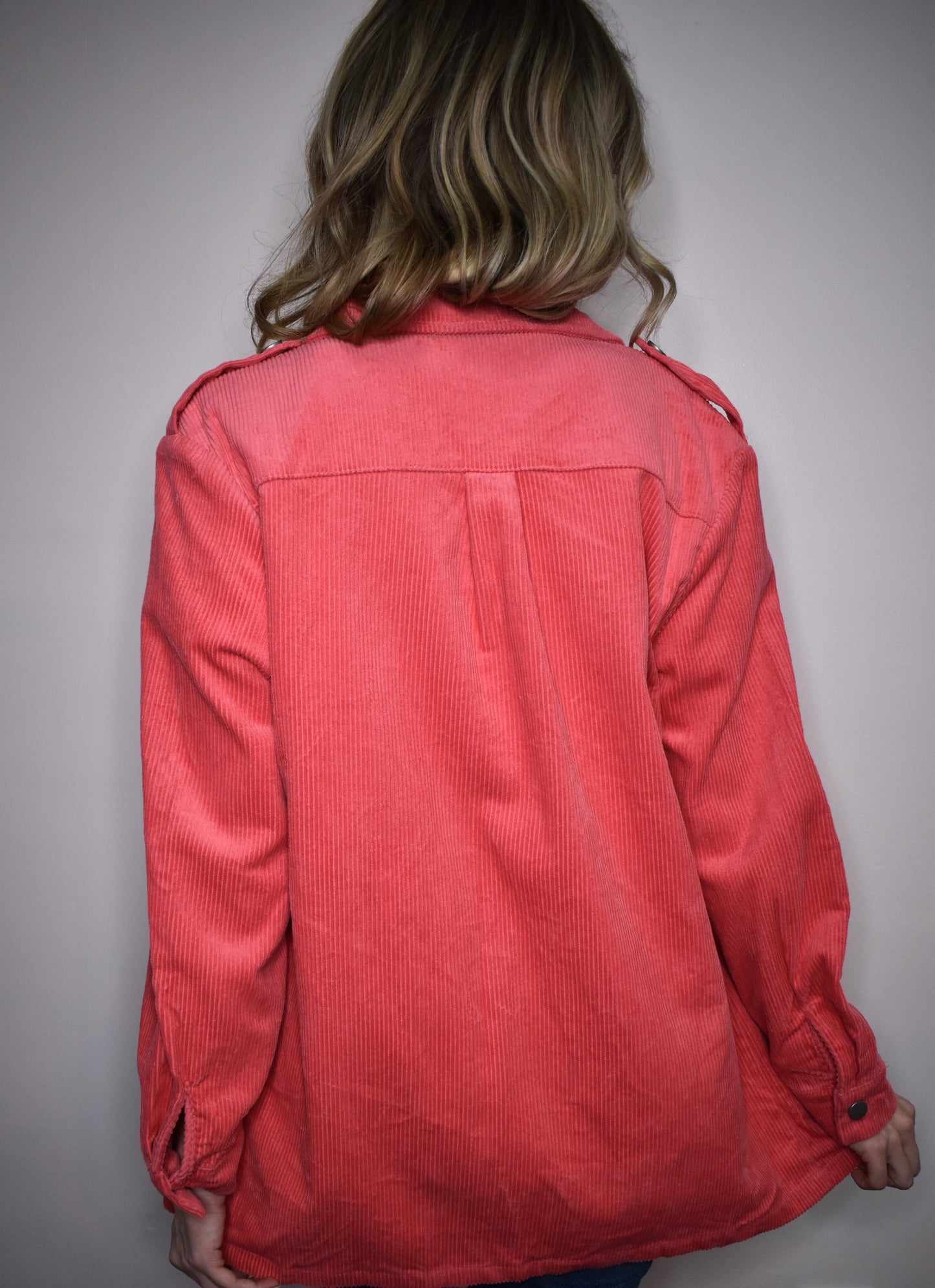 Pink Buttoned Flap Pocket Corduroy Jacket
