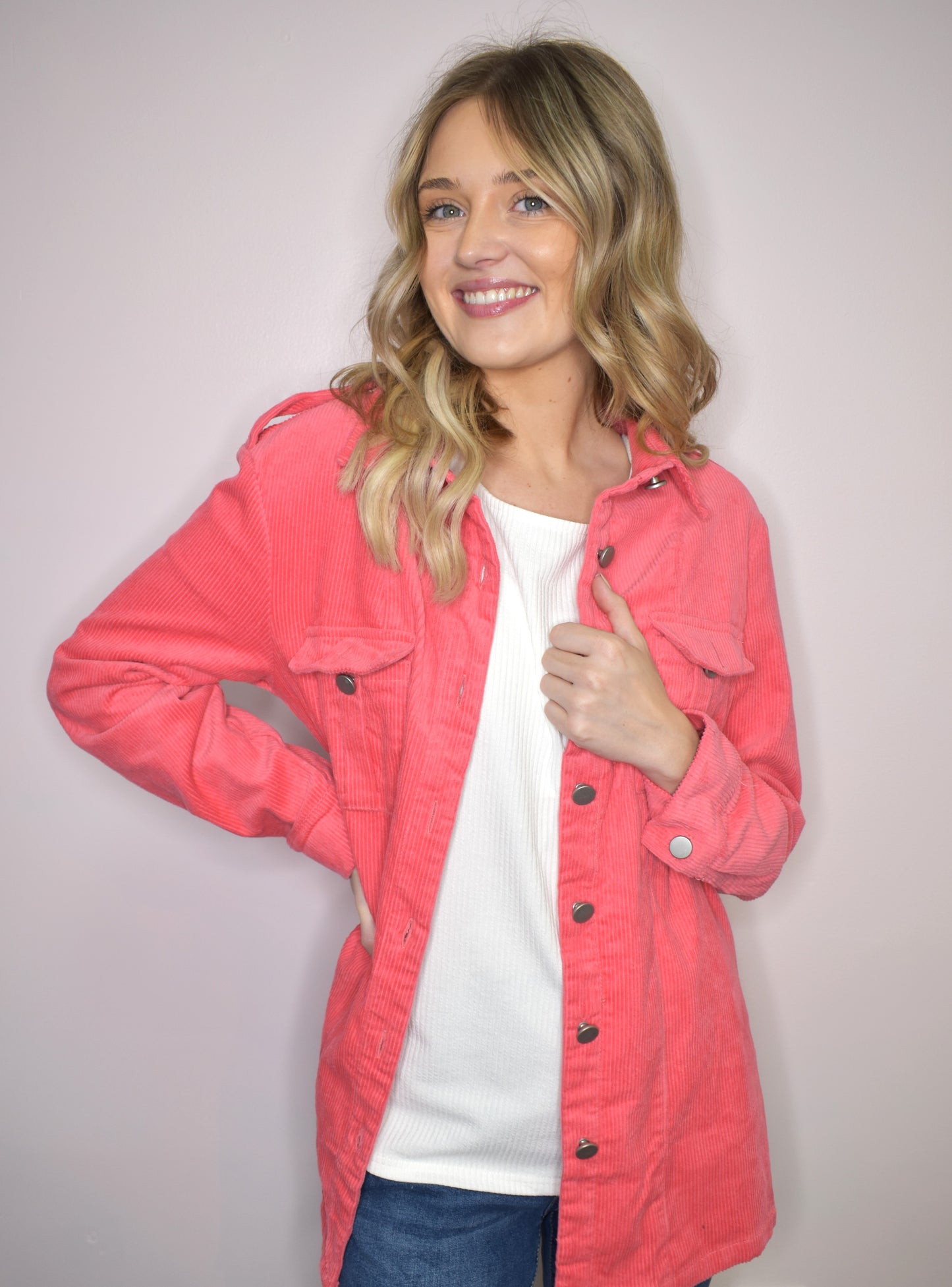 Pink Buttoned Flap Pocket Corduroy Jacket