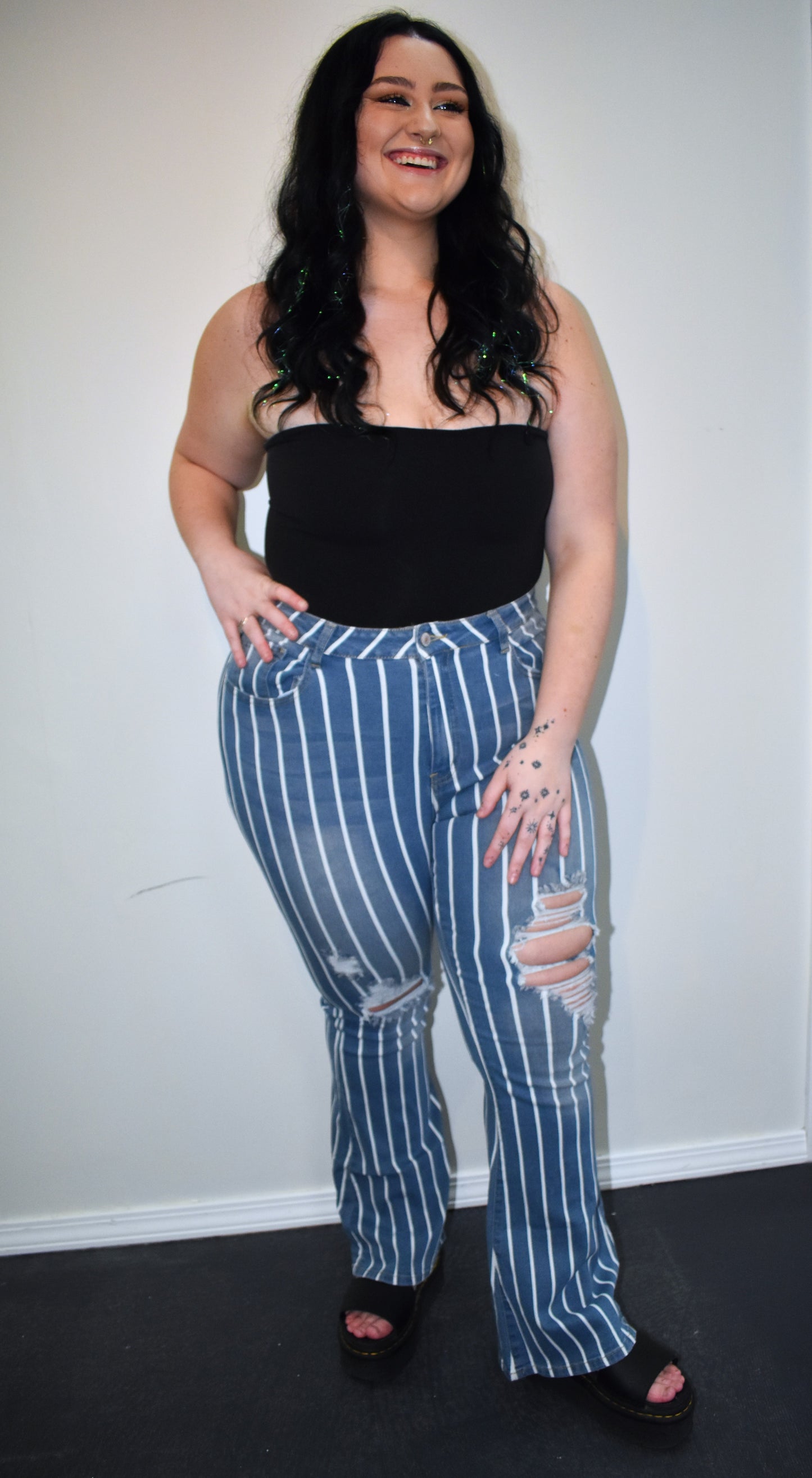 Vertical striped ripped Flare Jeans
