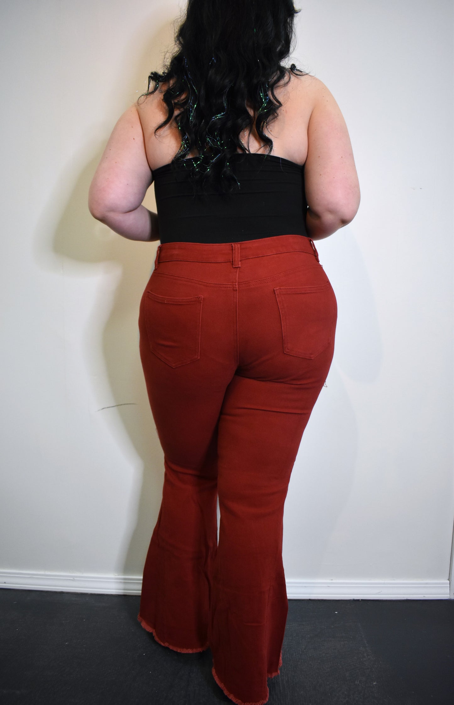High Waist Raw Hem Flare Jeans - Brown
