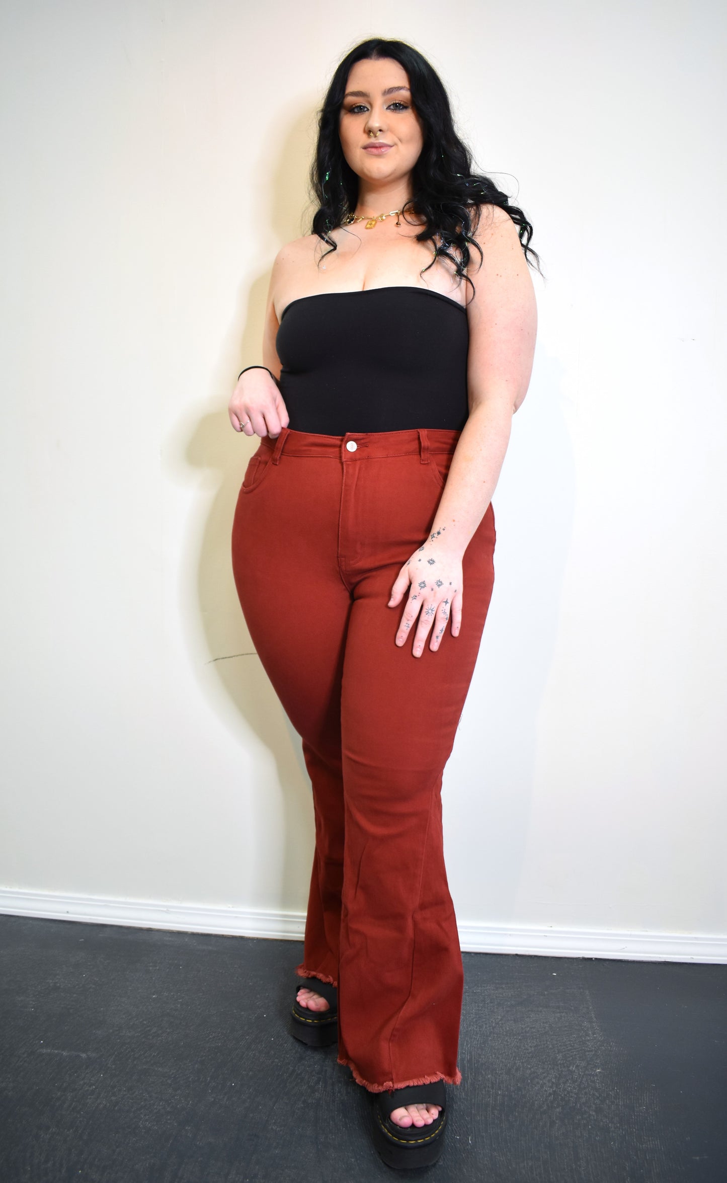 High Waist Raw Hem Flare Jeans - Brown