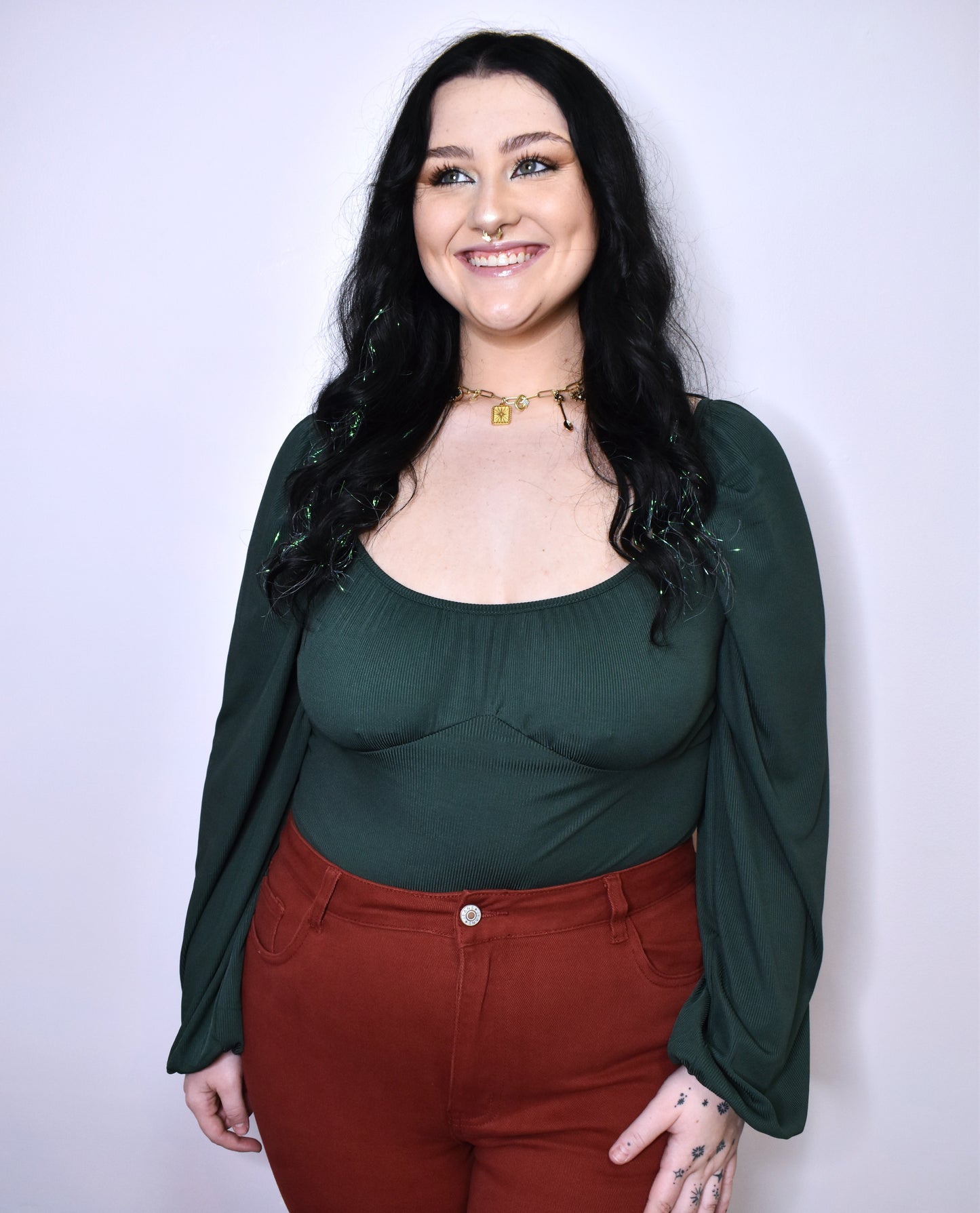Bubble Sleeve U-Neck Ruched Bodysuit