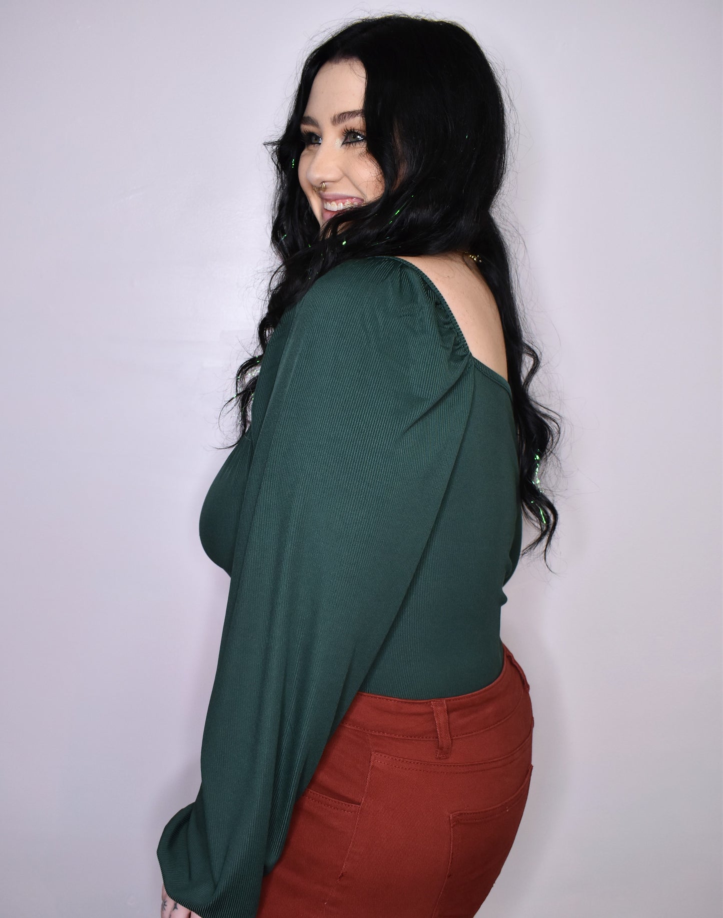 Bubble Sleeve U-Neck Ruched Bodysuit