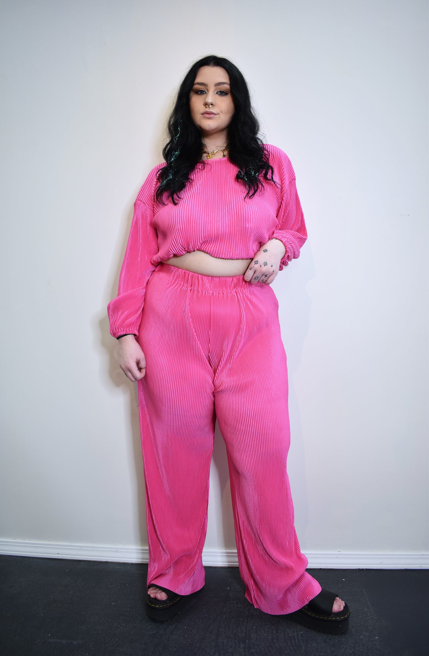 Pleated Crop Top Wide Leg Pant Set