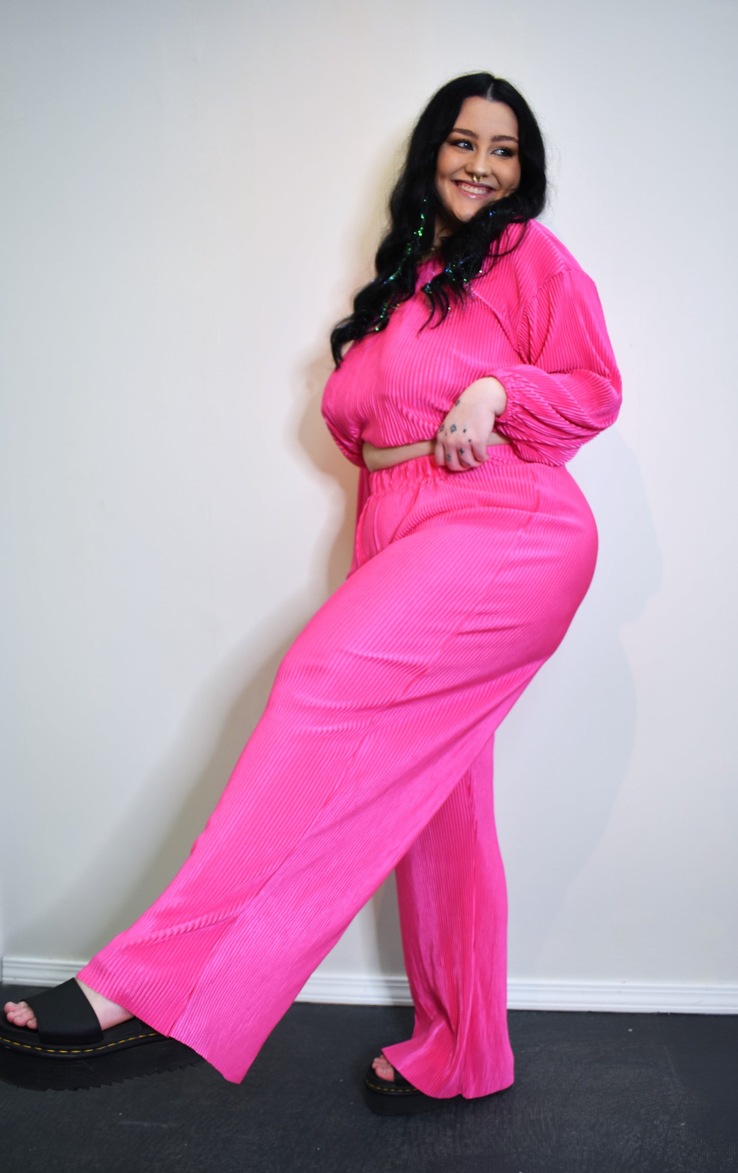 Pleated Crop Top Wide Leg Pant Set