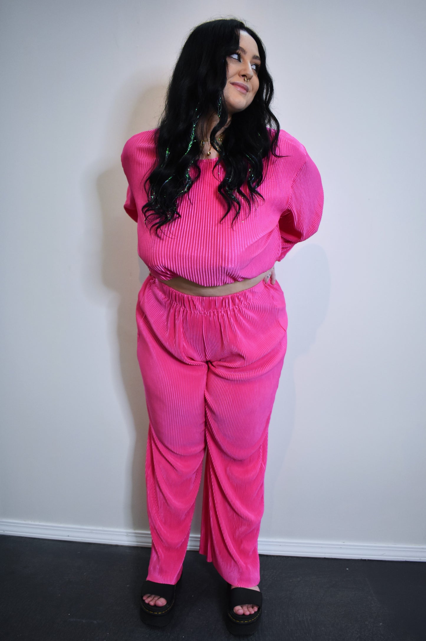 Pleated Crop Top Wide Leg Pant Set