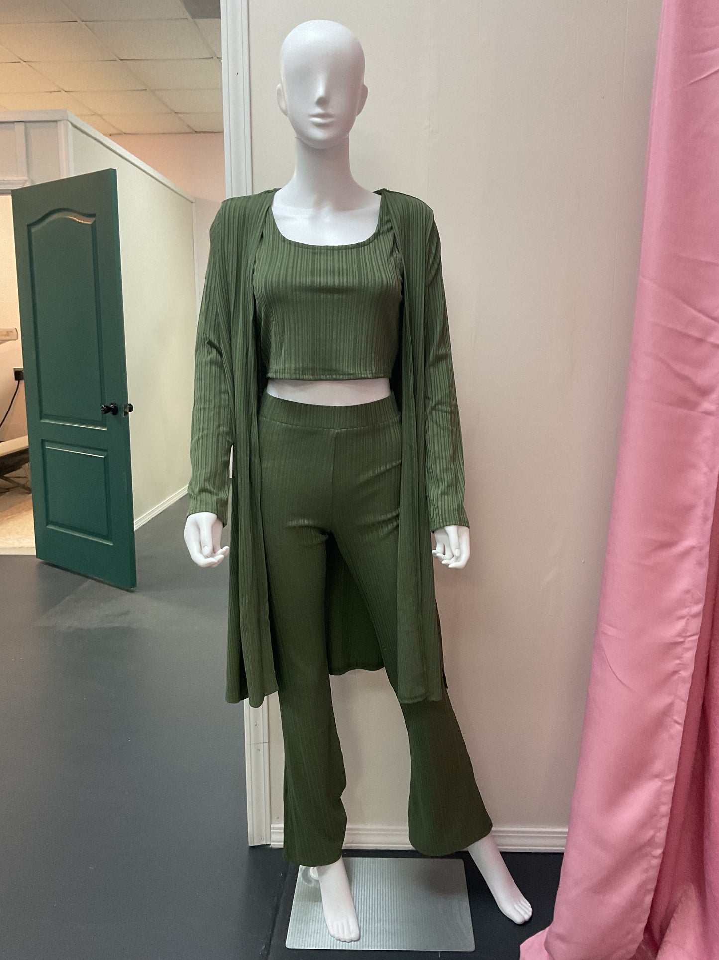 Olive 3 piece (Ribbed top, cardigan and pant)