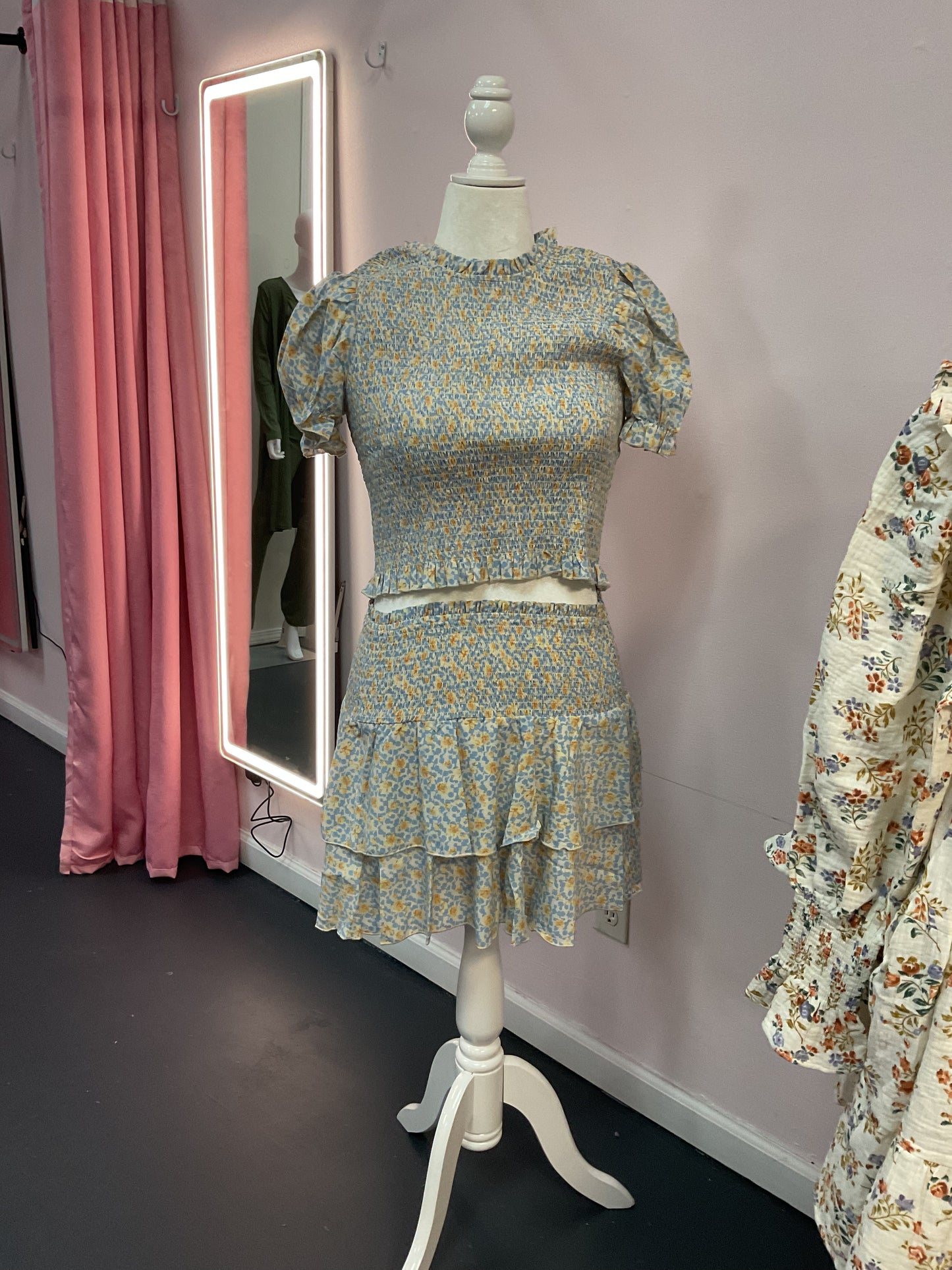 Floral shirred top and skirt set