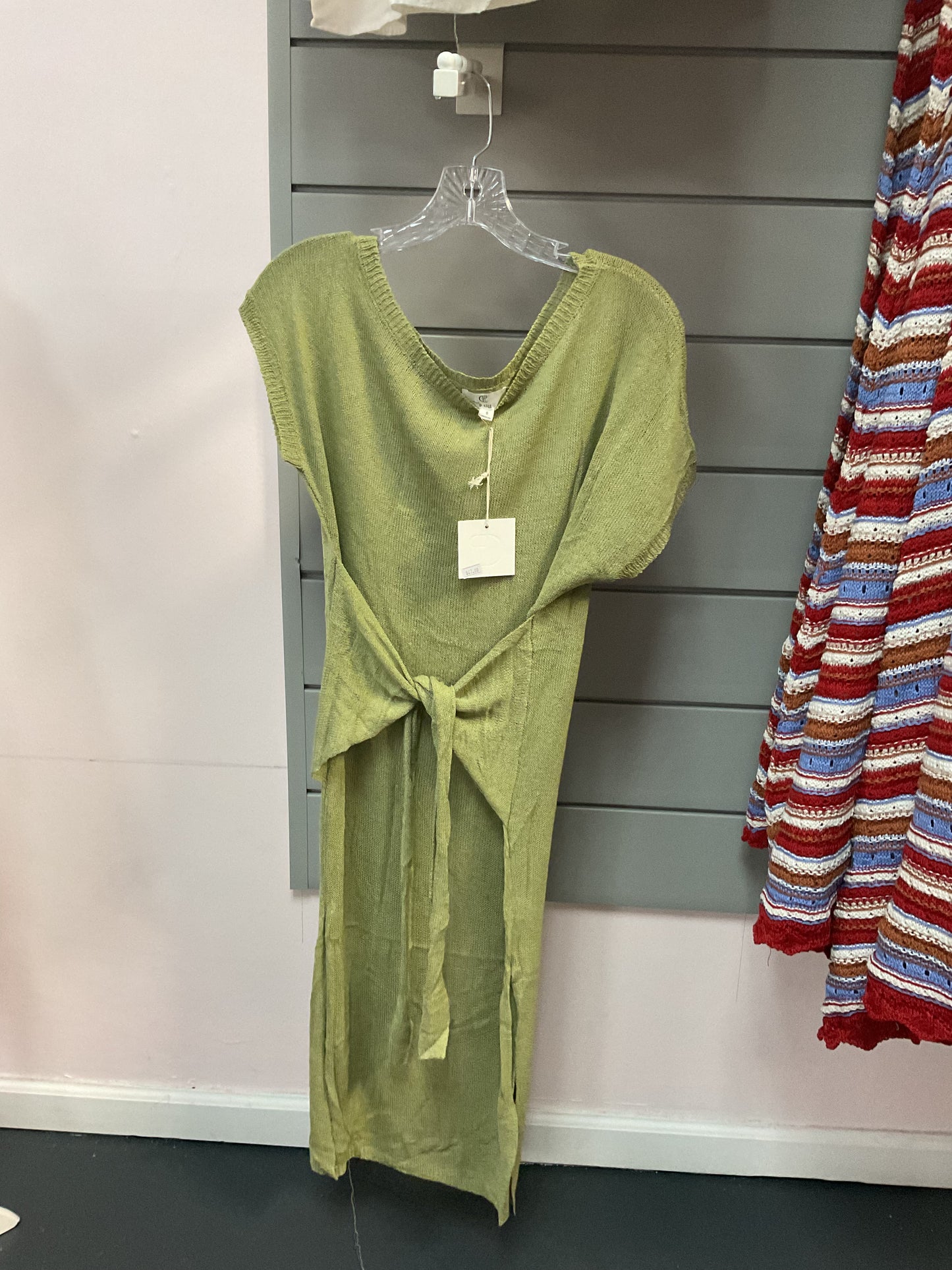 Sage knit dress with waist tie