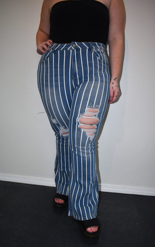 Vertical striped ripped Flare Jeans